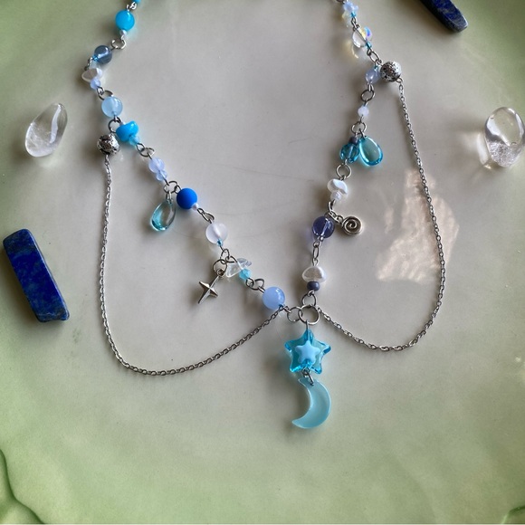 Star of Elendil Blue & Silver Beaded Charm Necklace Pendant Chain Moon Spiral - Picture 3 of 7